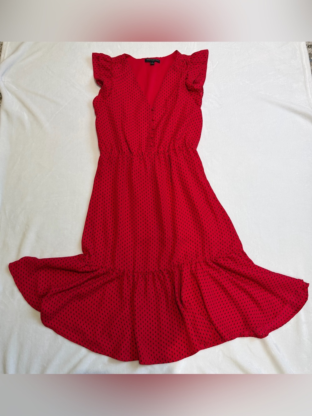 Banana Republic Red Flutter Sleeve V-Neck Midi with Black Dot Pattern